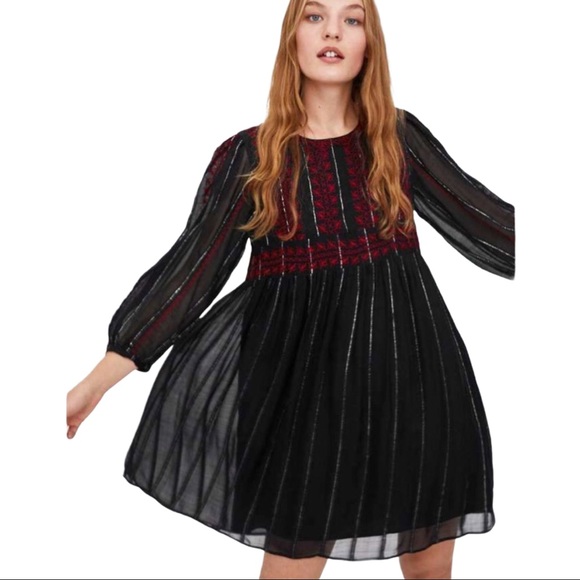 Zara Dresses & Skirts - Zara Embroidered Metallic Thread Boho Babydoll Dress Size XS